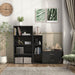 Front facing durable modern four-shelf black storage bookcase in a larger modular configuration in a room with accessories