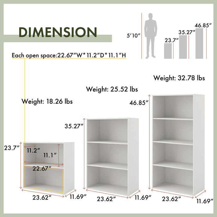 Dimensional image rendering of a durable modern four-shelf black storage bookcase that includes three views and dimensions