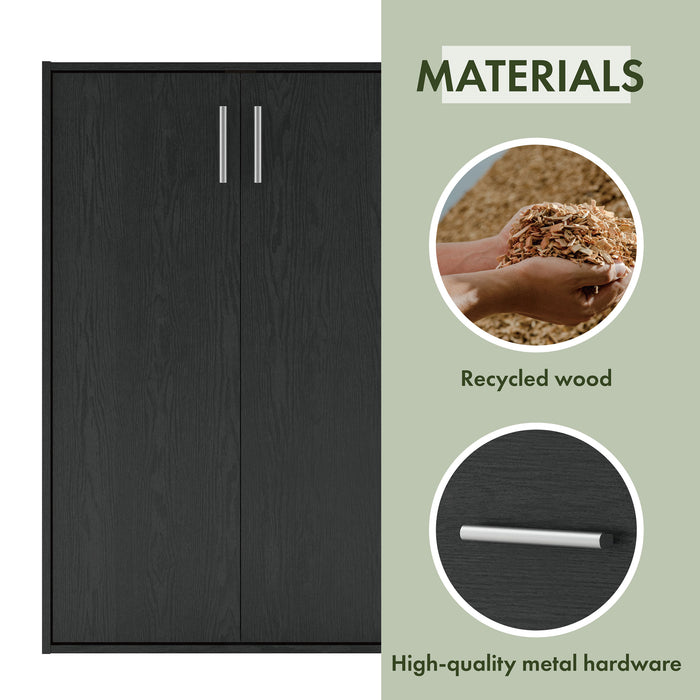 A materials image showing a modern black two-door cabinet with recycled wood and stylish metal hardware accented on a white background