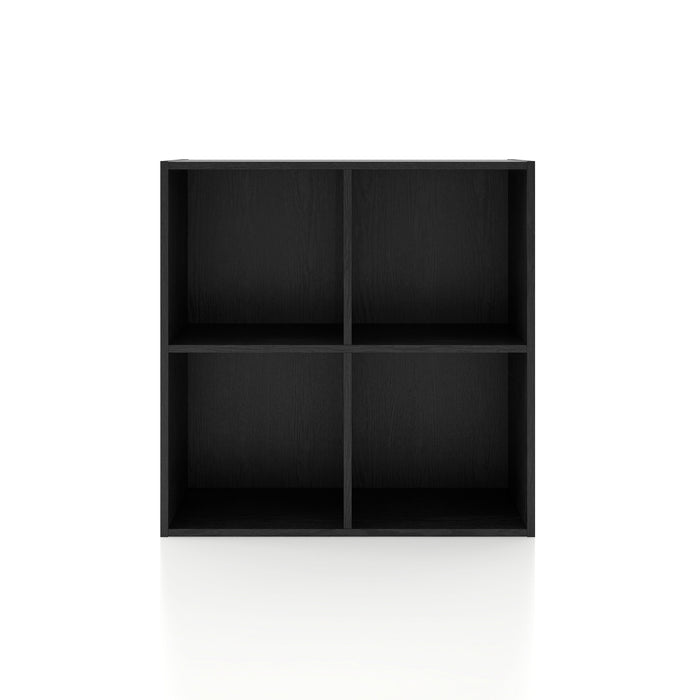 Front facing durable modern four-cubby black storage bookcase on a white background