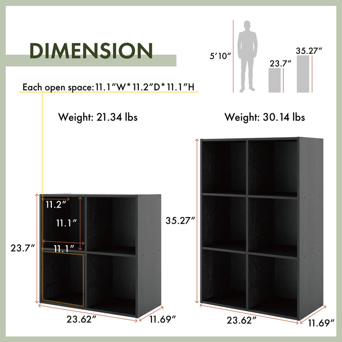 Dimensional image rendering of a durable modern four-cubby black storage bookcase that includes two views and dimensions