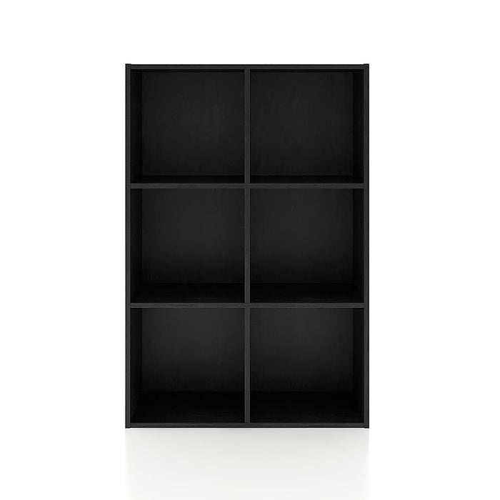 Front facing durable modern six-cubby black storage bookcase on a white background