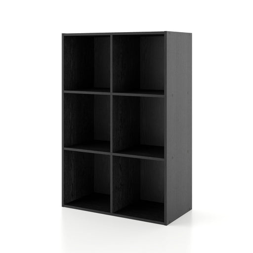 Left facing durable modern six-cubby black storage bookcase on a white background