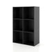 Left facing durable modern six-cubby black storage bookcase on a white background