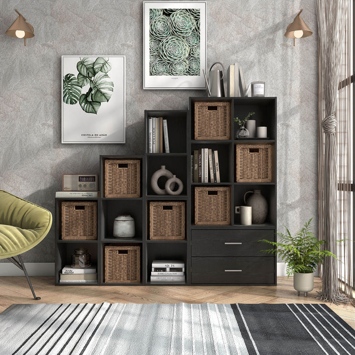 Front facing durable modern six-cubby black storage bookcase as part of a larger modular configuration in a room with accessories