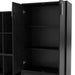 Left facing durable modern two-door black storage cabinet with silver handles with doors open as part of a larger modular configuration on a white background