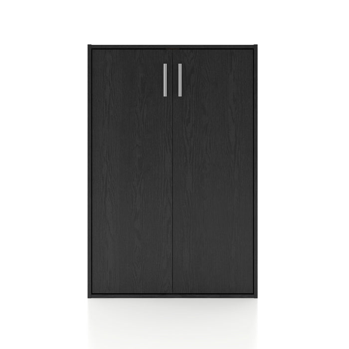 Front facing durable modern two-door black storage cabinet with silver handles on a white background