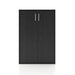 Front facing durable modern two-door black storage cabinet with silver handles on a white background