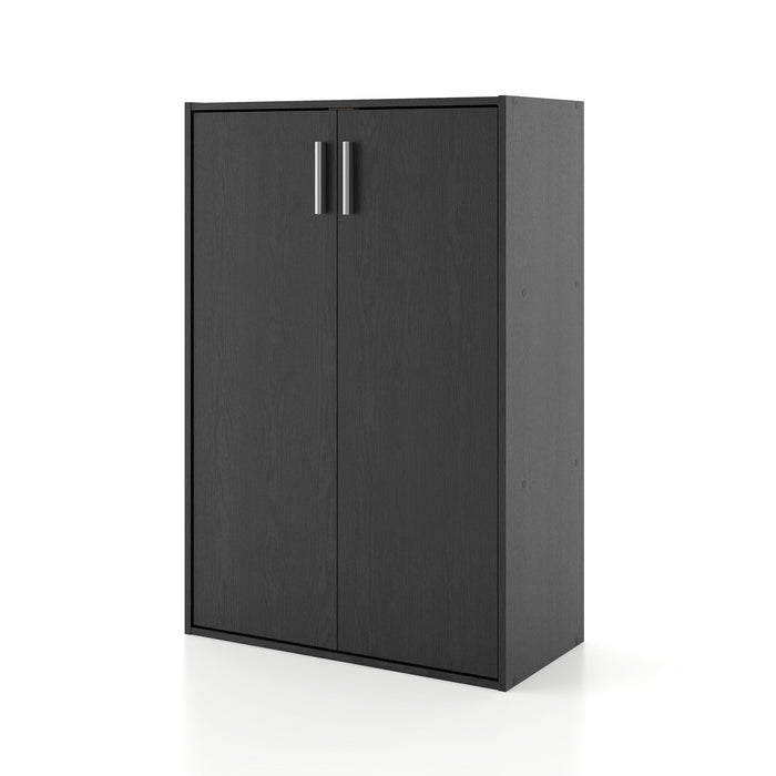 Left facing durable modern two-door black storage cabinet with silver handles on a white background