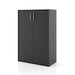 Left facing durable modern two-door black storage cabinet with silver handles on a white background