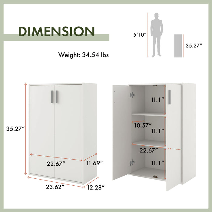 Dimensional image rendering of a modern two-door storage cabinet with silver handles that includes two views and dimensions