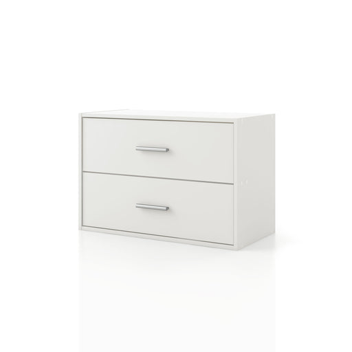 Left facing modern two-drawer white storage cabinet with silver handles on a white background