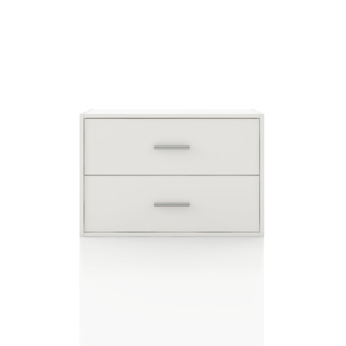 Front facing modern two-drawer white storage cabinet with silver handles on a white background