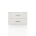 Front facing modern two-drawer white storage cabinet with silver handles on a white background