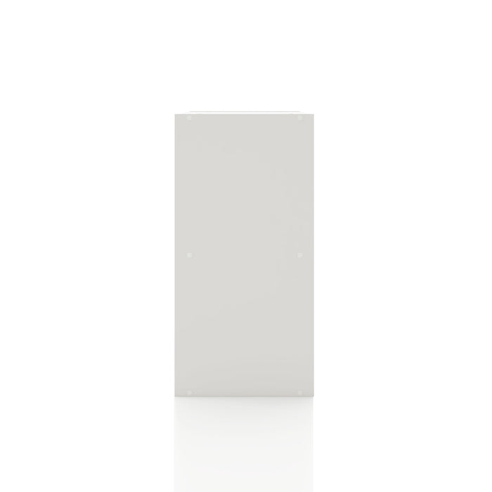 Front facing side view of a durable modern two-shelf white storage bookcase on a white background