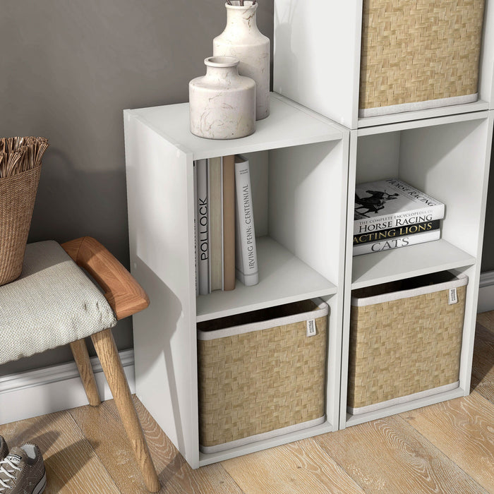 Right facing durable modern two-shelf slim white bookcase as part of a larger modular configuration in a room with accessories