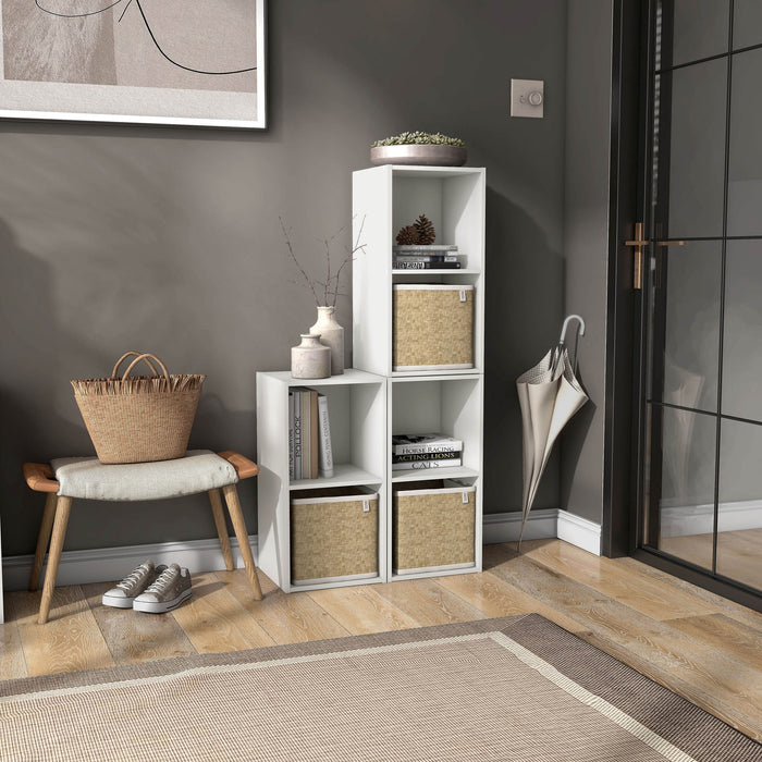 Right facing durable modern two-shelf slim white bookcase as part of a larger modular configuration in a room with accessories