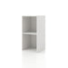 Left facing durable modern two-shelf slim white bookcase on a white background