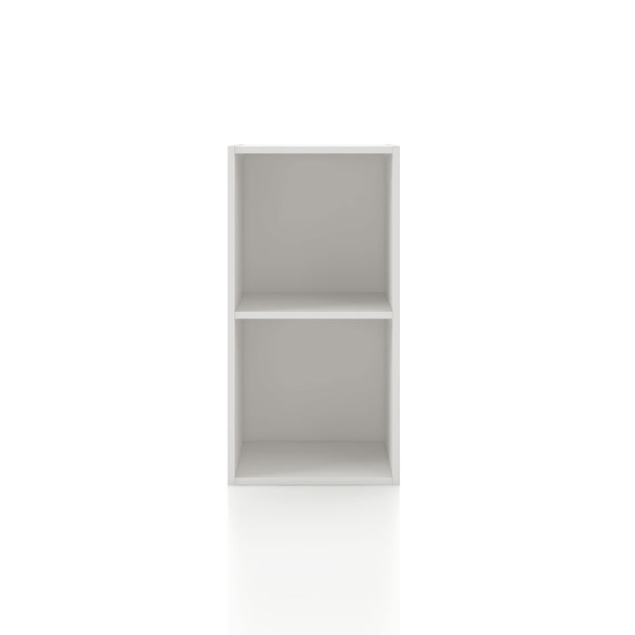 Front facing durable modern two-shelf slim white bookcase on a white background