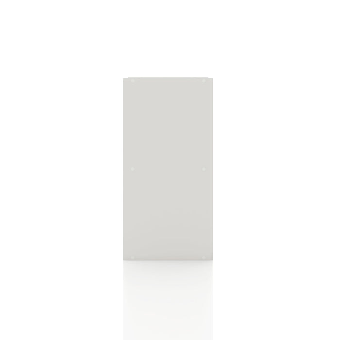 Front facing side view of a durable modern two-shelf slim white bookcase on a white background