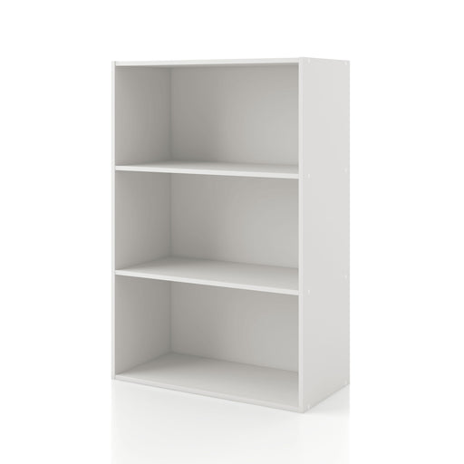 Left facing durable modern three-shelf white storage bookcase on a white background