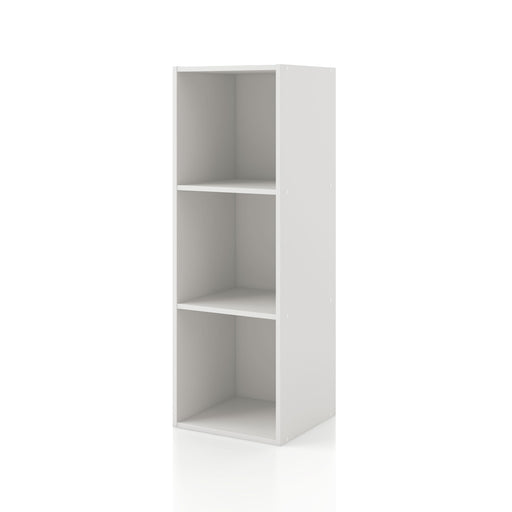 Left facing durable modern three-shelf slim white storage bookcase on a white background