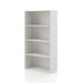 Left facing durable modern four-shelf white storage bookcase on a white background