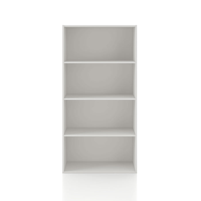 Front facing durable modern four-shelf white storage bookcase on a white background