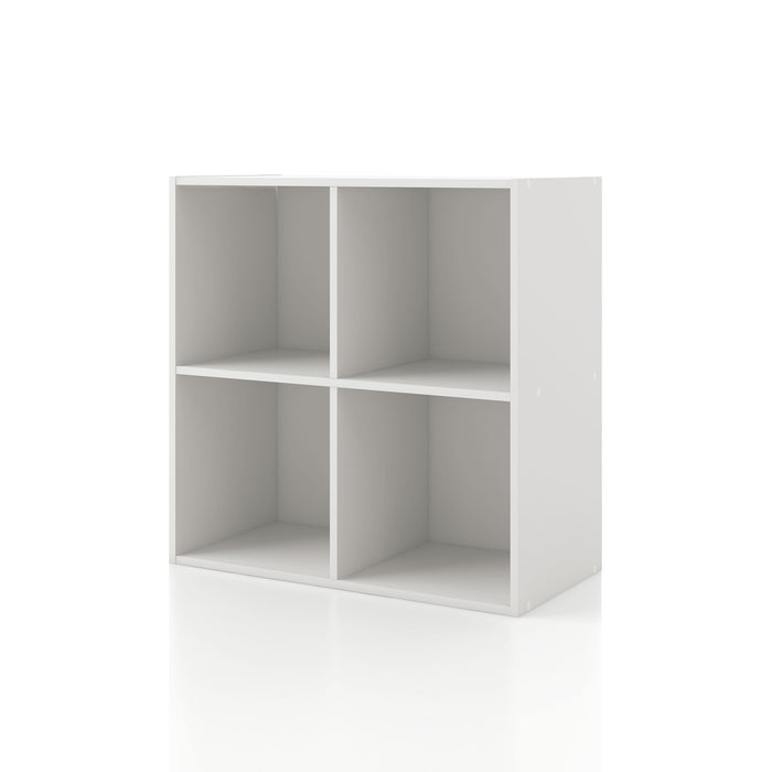 Left facing durable modern four-cubby white storage bookcase on a white background