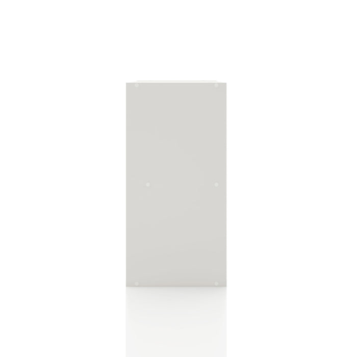 Front facing side view of a durable modern four-cubby white storage bookcase on a white background