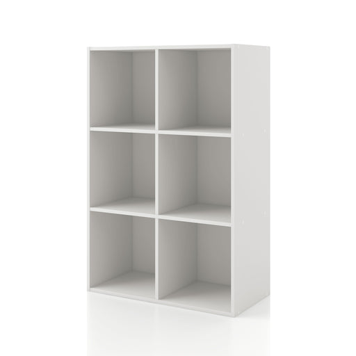 Left facing durable modern six-cubby white storage bookcase on a white background