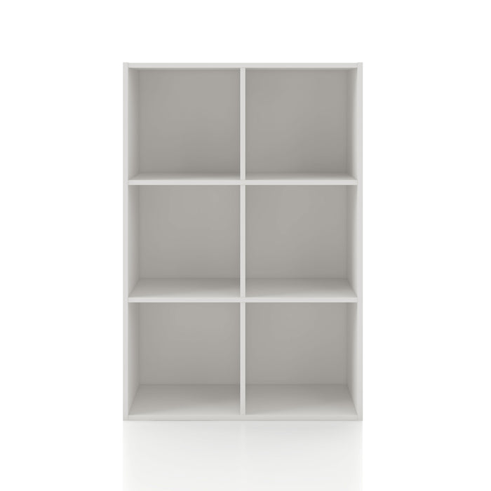 Front facing durable modern six-cubby white storage bookcase on a white background