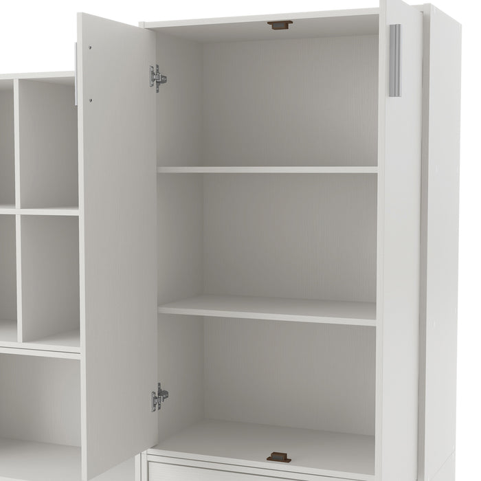 Left facing durable modern two-door white storage cabinet with silver handles with doors open as part of a larger modular configuration on a white background