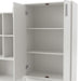 Left facing durable modern two-door white storage cabinet with silver handles with doors open as part of a larger modular configuration on a white background