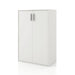 Left facing durable modern two-door white storage cabinet with silver handles on a white background