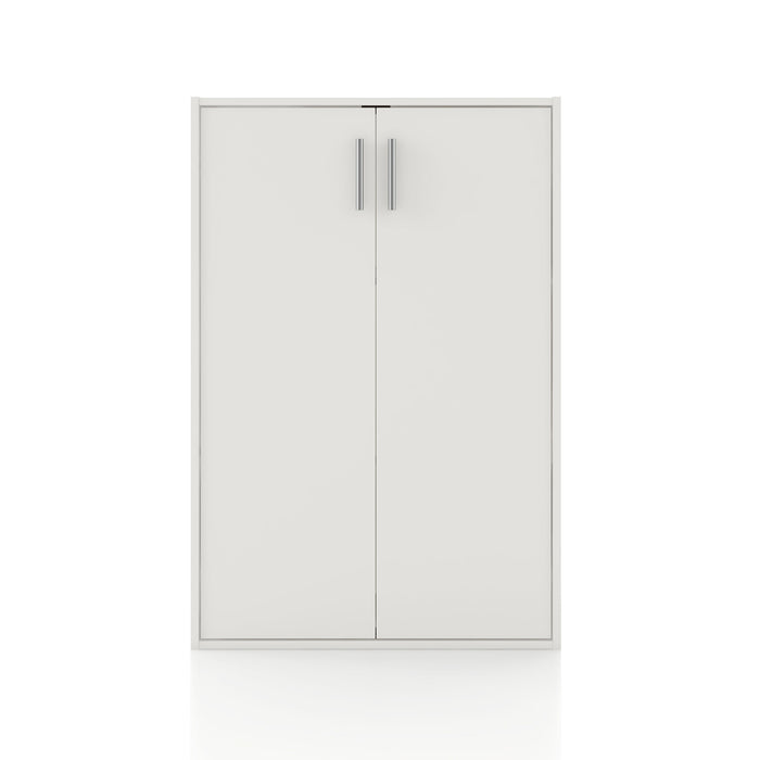 Front facing durable modern two-door white storage cabinet with silver handles on a white background