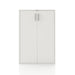 Front facing durable modern two-door white storage cabinet with silver handles on a white background