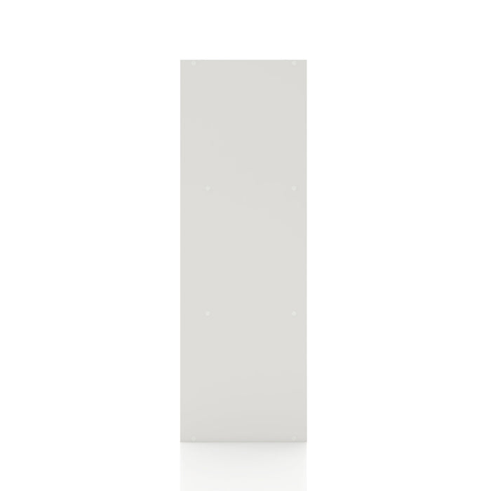 Front facing side view of a durable modern two-door white storage cabinet with silver handles on a white background