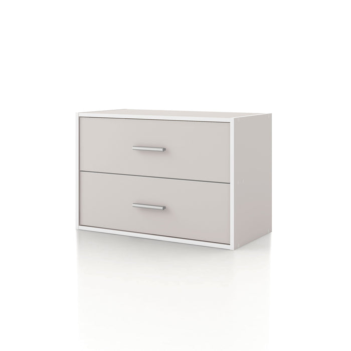 Left facing modern two-drawer taupe grey storage cabinet with silver handles on a white background