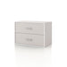 Left facing modern two-drawer taupe grey storage cabinet with silver handles on a white background