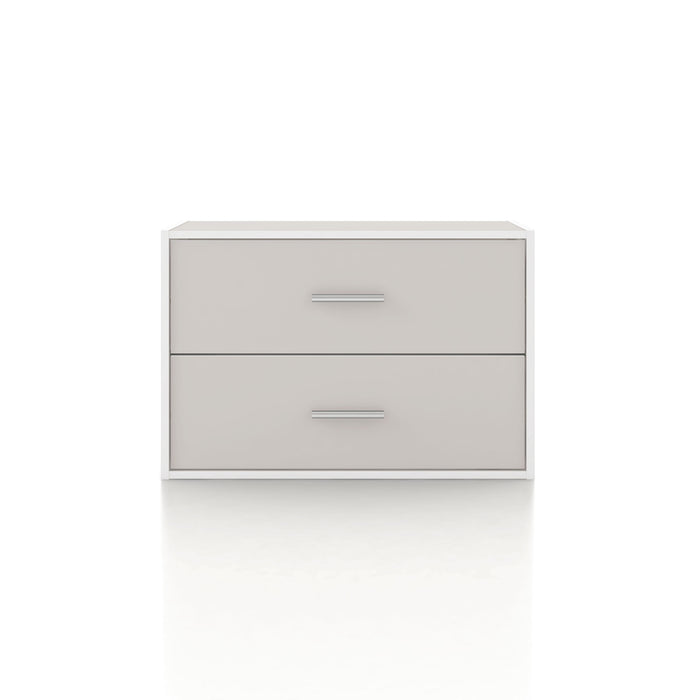 Front facing modern two-drawer taupe grey storage cabinet with silver handles on a white background