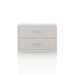 Front facing modern two-drawer taupe grey storage cabinet with silver handles on a white background