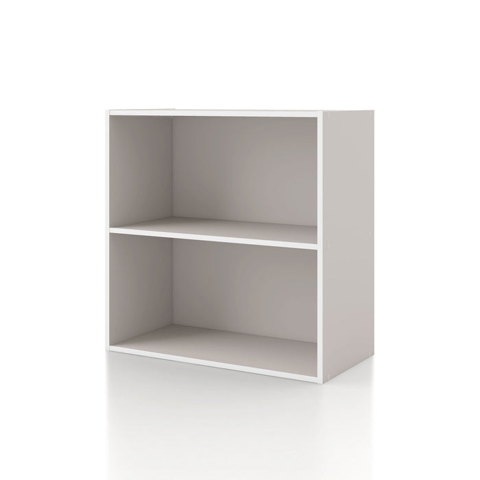 Left facing durable modern two-shelf taupe grey storage bookcase on a white background