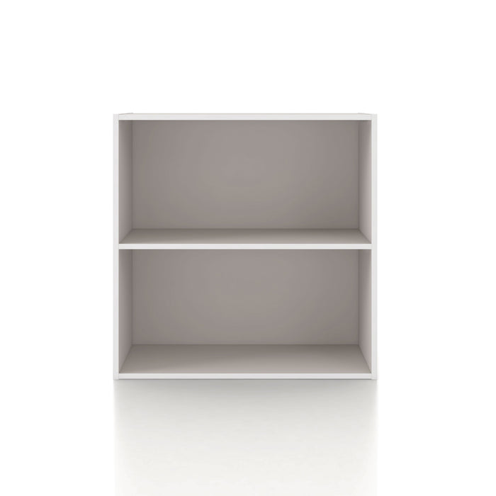 Front facing durable modern two-shelf taupe grey storage bookcase on a white background