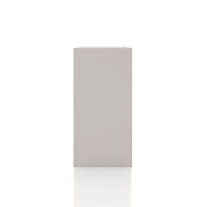 Front facing side view of a durable modern two-shelf taupe grey storage bookcase on a white background