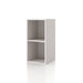 Left facing durable modern two-shelf slim taupe grey bookcase on a white background