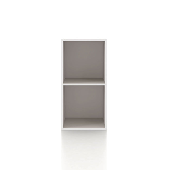 Front facing durable modern two-shelf slim taupe grey bookcase on a white background