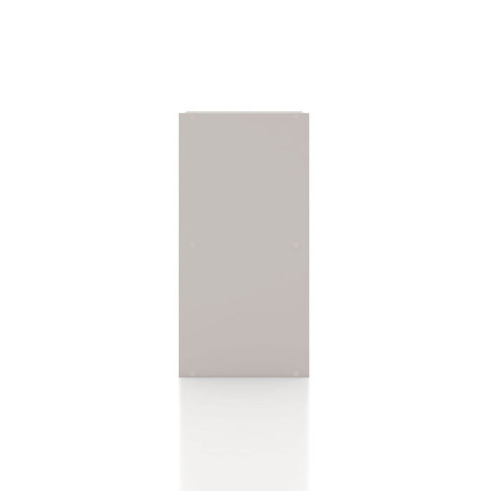 Front facing side view of a durable modern two-shelf slim taupe grey bookcase on a white background