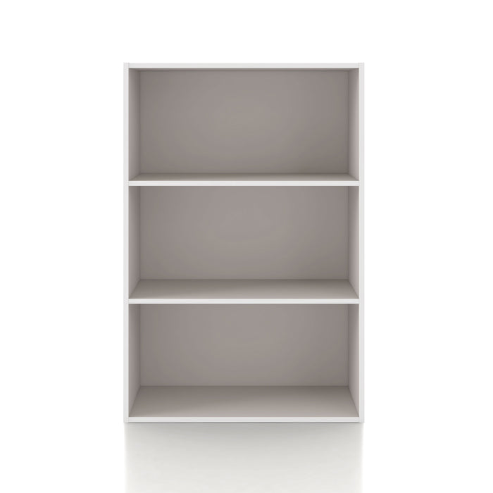 Front facing durable modern three-shelf taupe grey storage bookcase on a white background