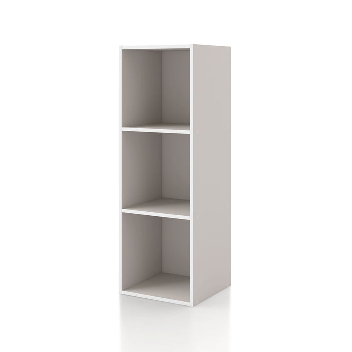 Left facing durable modern three-shelf slim taupe grey storage bookcase on a white background